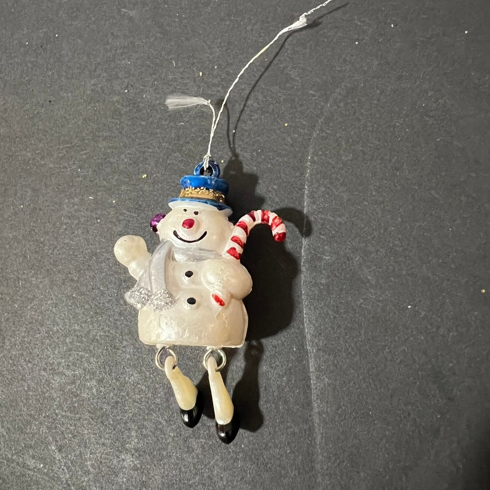 Snowman Christmas Ornament Blue Top Hat Candy Cane Dangling Legs Whimsical Decor